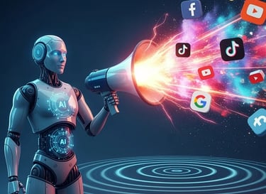 Humanoid robot holding a megaphone with social media icons bursting out, symbolizing AI-powered digital marketing and brand v