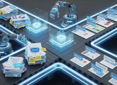Futuristic conveyor belt processing messy tasks into neat results with robotic arms and holographic automation, representing