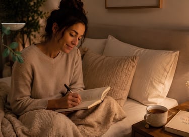 A woman relaxes in bed while journaling by warm lamp light with a cup of tea.