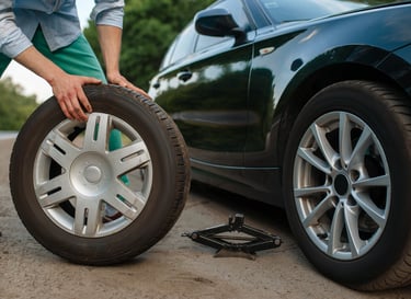 a person standing next to a car with a tire