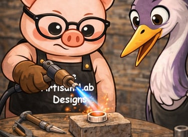 The Artisan Lab Designs mascot Milo and Lyrais softening and quenching the silver to shape its form