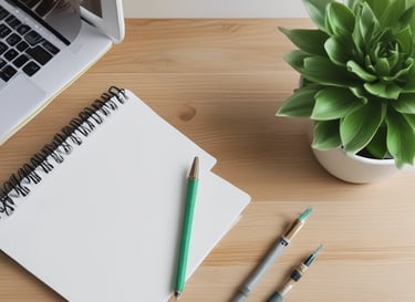 A serene workspace with soft blue and green accents, featuring a laptop and calming plants.