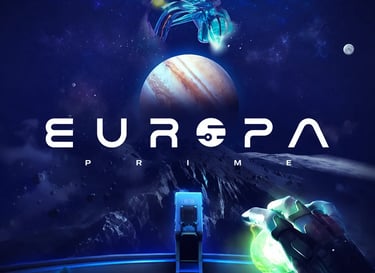 Europa Prime sci-fi video game poster featuring a futuristic pilot hand and Jupiter landscape.