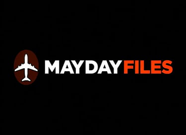 Mayday Files aviation logo featuring a white airplane icon and bold typography on a black background.