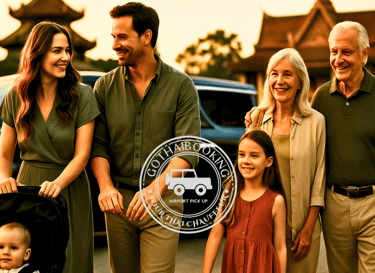 Happy multigenerational family arriving in Bangkok with private chauffeur and baby stroller