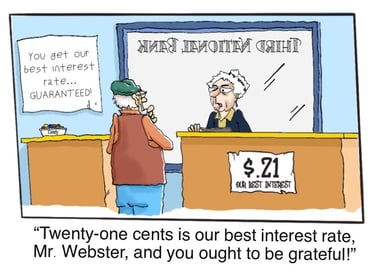 Old man in bank being scalded by banker for not being grateful to earn 21 cents in interest.
