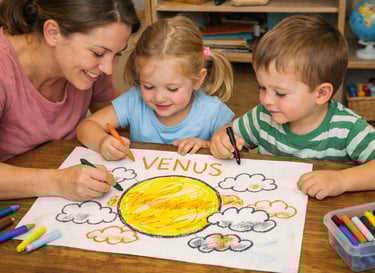 mother drawing planet Venus with her kids