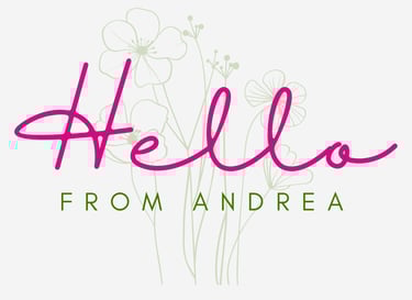 Hello From Andrea logo with pink cursive font and floral line art background.