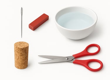Scissors, deep plate, bottle cork, magnet, and sewing needle.