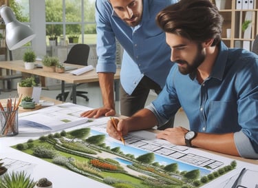 Man designing a landscape at his office with a client