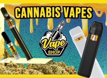 A collection of various cannabis vapes and vape pens displayed against a yellow and blue background with dried flower.