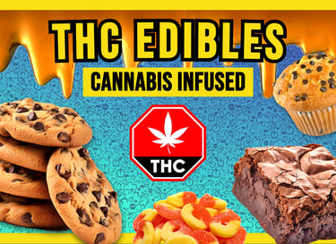 Assorted THC edibles including cannabis infused chocolate chip cookies, brownies, muffins, and gummy rings.