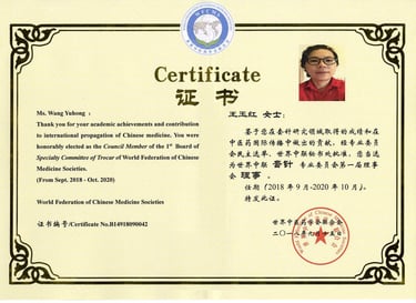 World Federation of Chinese Medicine Societies certificate awarded to Ms. Wang Yuhong.