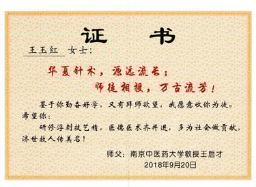A formal Chinese certificate for traditional acupuncture mentorship from Nanjing University of Chinese Medicine.