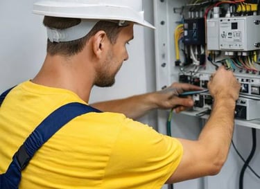 Professional electrician in a white hard hat repairing an open electrical panel with wires.