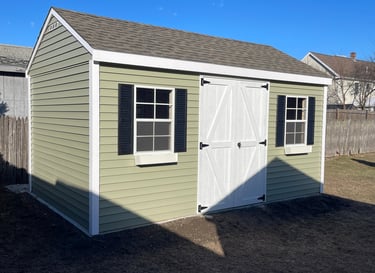 10x14 vinyl shed custom built in Peabody, Massachusetts for durable outdoor storage.