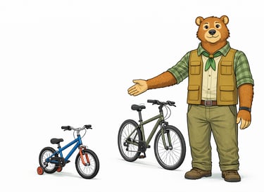A bear scout leader standing next to a bike with training wheels and a standard two-wheel bike.