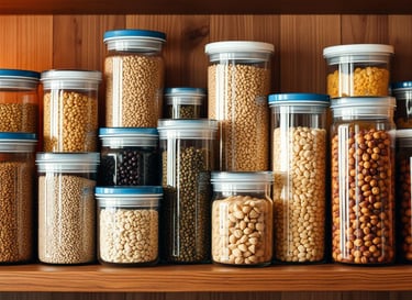 various dried foods in airtight containers on a shelf