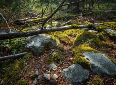 some large branches, moss covered rocks in the woods 