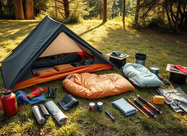  Lightweight camping gear laid out on a grassy surface, including a DIY tent made from nylon fabric