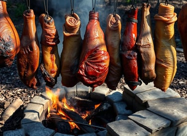 a smoky outdoor cooking set-up with various meats hung over a fire