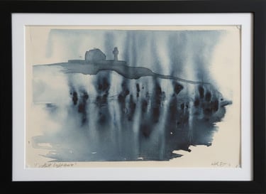 watercolour painting of Dingle lighthouse, cliffs and sea.