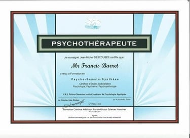 Diplôme de Psychothérapeute de Francis Barret