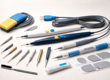 Electrosurgical tools including cables, handpieces, and electrodes on a white background.