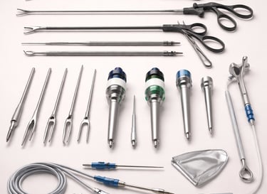 Laparoscopic instruments including trocars, scissors, and scopes on a white background.