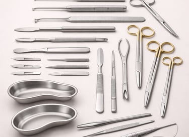 Plastic surgery tools including scalpels, scissors, and forceps on a white background.