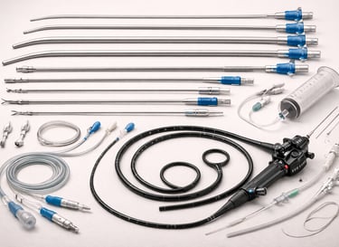 Gastroenterology tools including endoscopes and procedural instruments on a white background.