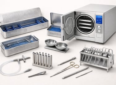 Sterilization tools like autoclaves and instrument trays on a white background.