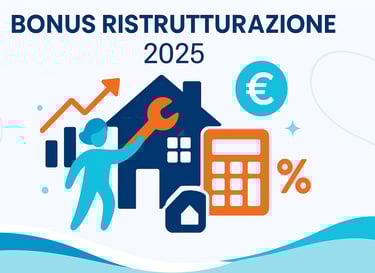 Illustrazione CAF Public sul Bonus Ristrutturazione 2025: casa stilizzata con simbolo euro e strumenti da ristrutturazione.