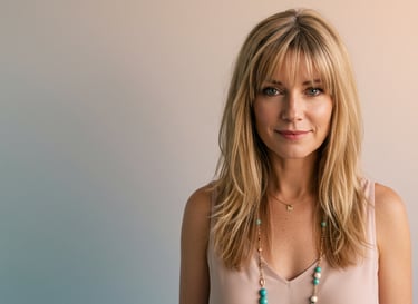 a woman with blonde hair and a necklace with a necklace