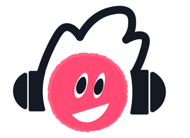 Grafika - roześmiana, okrągła czerwona buźka w czarnych słuchawkach. 