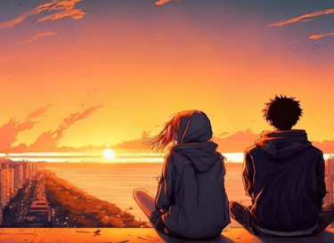 Guy and girl sitting alone and watching sunset anime
