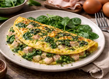 Tortilla de espinacas frescas con pechuga de pavo y huevos, un desayuno proteico bajo en carbohidrat