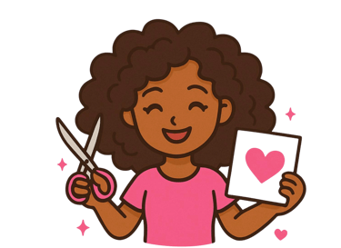 A smiling girl with curly hair holding scissors and a black card with a pink heart cutout.