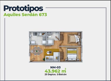 ASER Caracteristicas Departamento. Plano con 2 recamaras, sala comedor, baño y cocina. 43 mts2