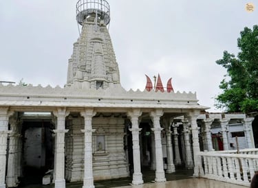 Traditional Rajasthani-style marble archway at the hilltop Karni Mata Temple overlooking Udaipur.
