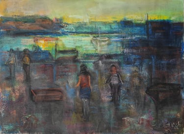 Atardecer en el mar, óleo y pastel del artista pintor Argi Girón. Pastel oil sunset artist painter