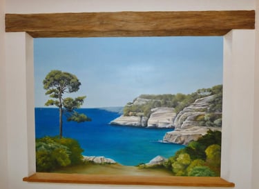 Décor peint en trompe-l'oeil, fausse ouverture sur un bord de mer, fausse poutre en bois