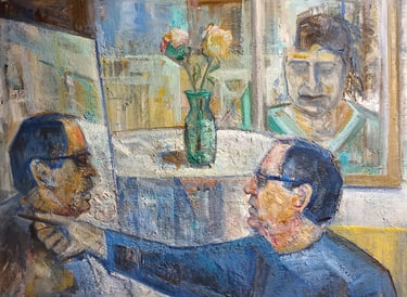 Autorretrato de autorretrato, óleo y materia del pintor Argi Girón. Double self-portrait oil artist 