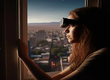 a woman wearing a virtual reality headset and a virtual reality headset