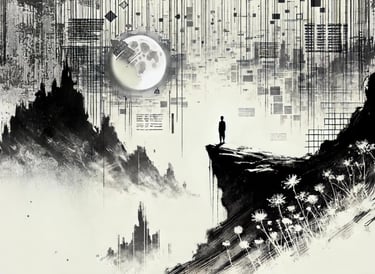 a man standing on a cliff overlooking a city