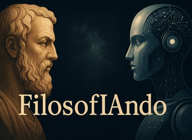 Banner de filosofIAndo en el que un filósofo clásico mira a un robot humanoide.