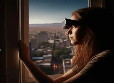 a woman wearing a virtual reality headset and a virtual reality headset