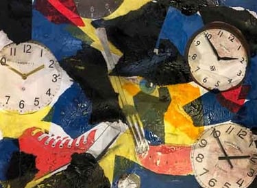 fantasy paper collage featuring clocks