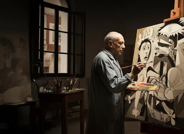 Pablo Picasso is painting a picture of a woman