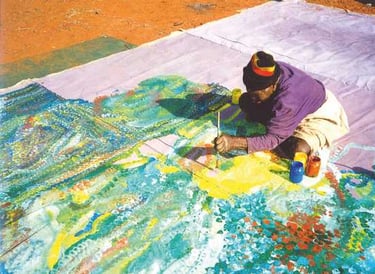 Emily Kam Kngwarray painting Earth's Creation I in the Utopia region, Central Australia, 1994 Photo 